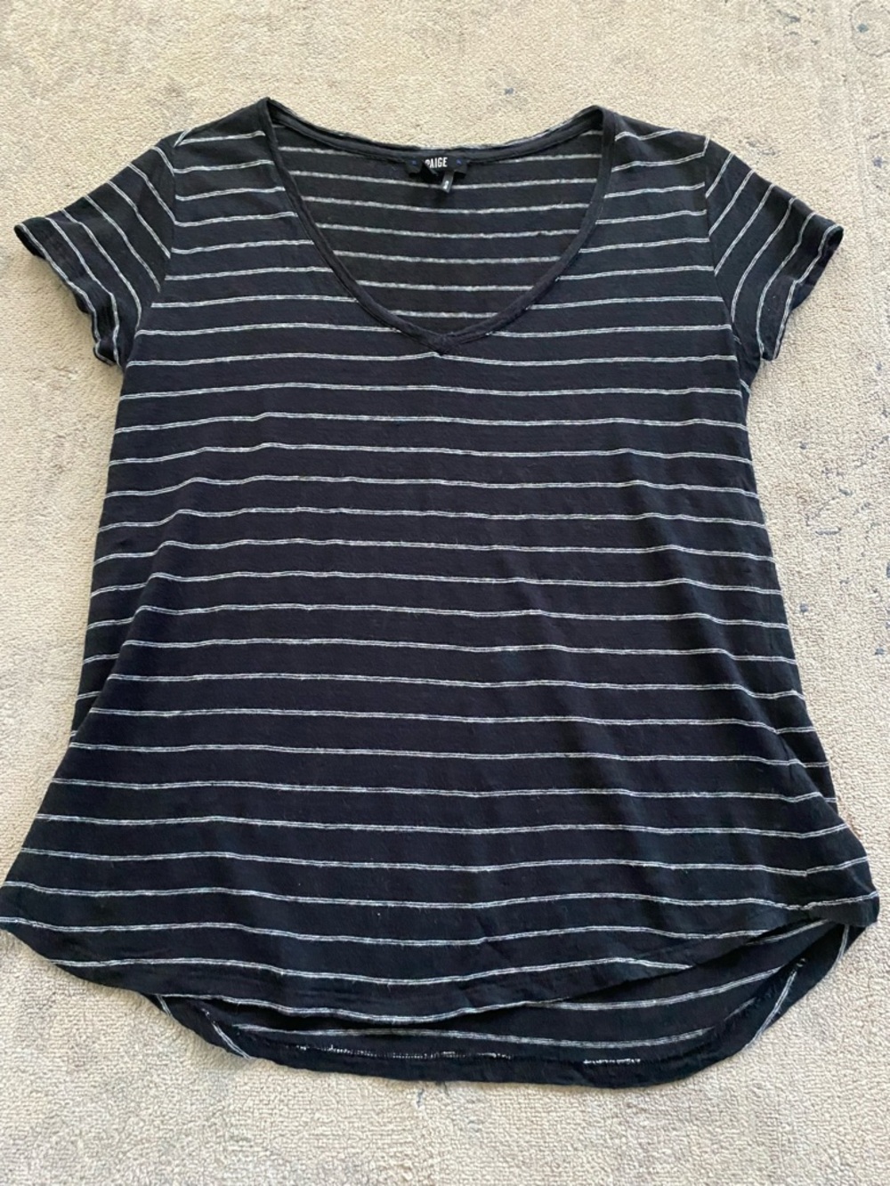 PAIGE Linen Striped V-Neck T-Shirt Black White Small